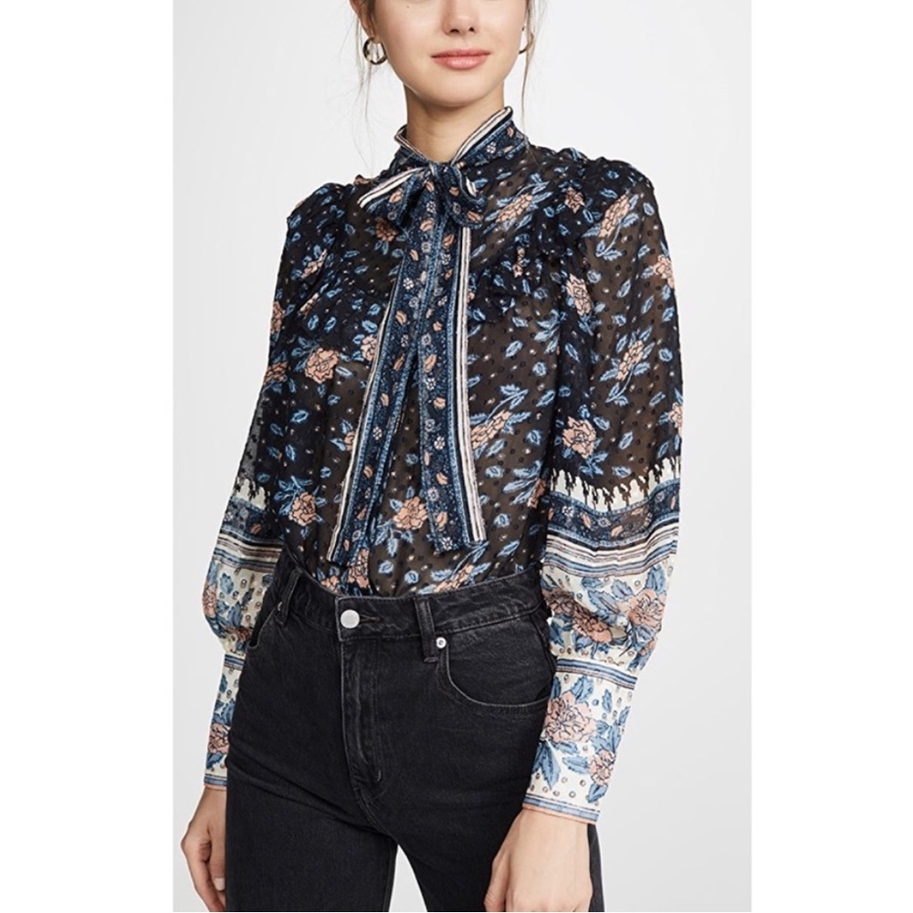 Ulla Johnson Antoine Blouse in Tie Bow Navy Blue Floral Noir sz 2